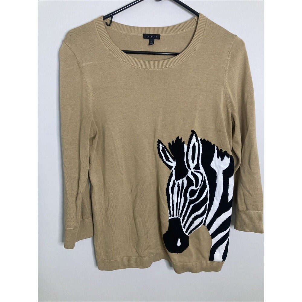 Talbots Women S Zebra Intarsia Sweater Camel Cotton Blend Animal Graphic Knit